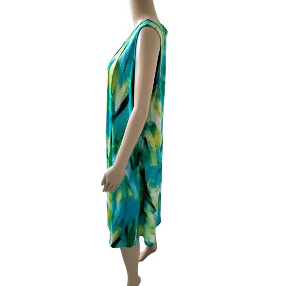 Glamour Plus Size 16W Dress Green Abstract Print Sleeveless Pleated Fully Lined - Picture 4 of 10